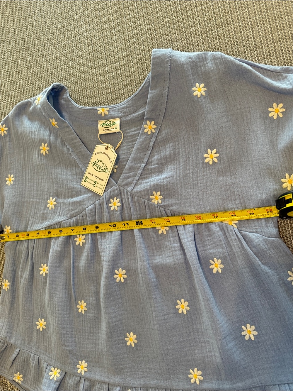 Very J Light Blue Daisy Embroidered Peplum Top - Picture 4 of 5